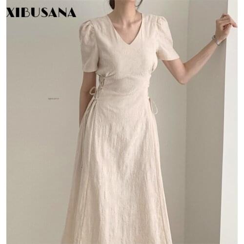 2021 New Summer Korean Chic Elegant Dresses French Pattern V-neck High Waist Side Strap Mid-Length Short Sleeved Wool Dress