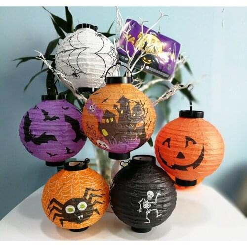 Halloween Decoration LED Paper Pumpkin Hanging Lantern Light Lamp Props for Home Spider Skull Pattern Gift Craft Supplies