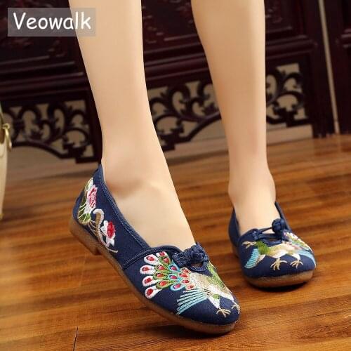 Veowalk Peacock Embroidered Women Denim Cotton Ballet Flats, Old Beijing Ballerinas Shoes Comfort Chinese Embroidery Sneakers