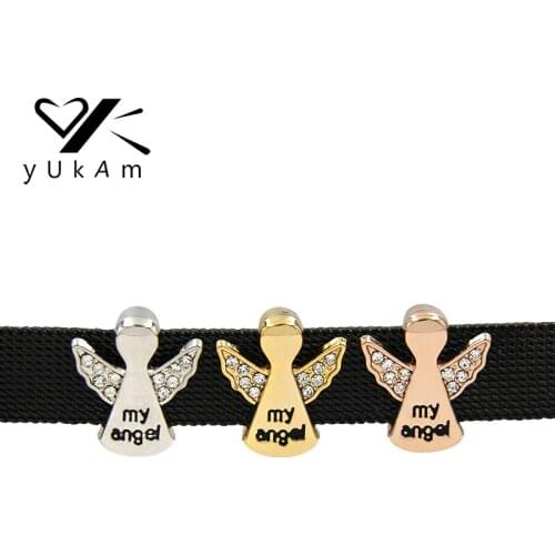 YUKAM Silver Color Rhinestones My Angel Wings Slide Charms Keeper for Stainless Steel Mesh Bracelets Jewelry Accessories Making