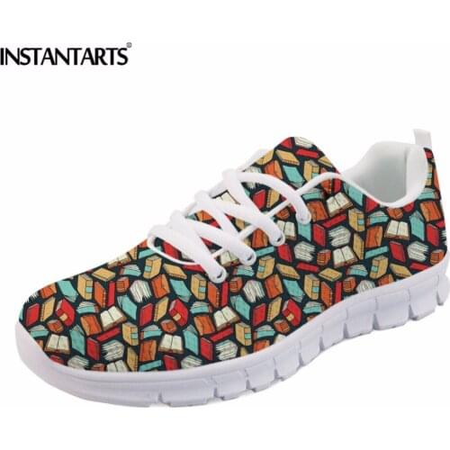 INSTANTARTS Womens Flat Shoes Books Lovers Cartoon Teacher Pattern Sneakers for Women Breathable Casual Flats Students Shoes