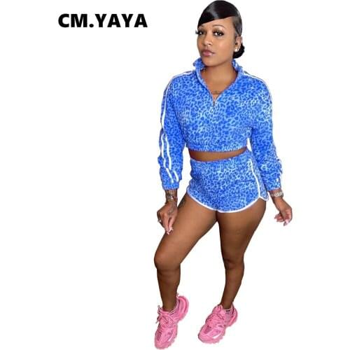 CM.YAYA Women Set Print Full Sleeve Zipper Stand Collar Crop Tops Stretchy Shorts Two 2 Piece Sets Active Tracksuit Fall Outfits