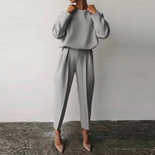Casual O-Neck Pullover Tops and Solid Long Pants Outfits Fashion Elegant Office Lady Suits 2021 Women Two Piece Sets Streetwear