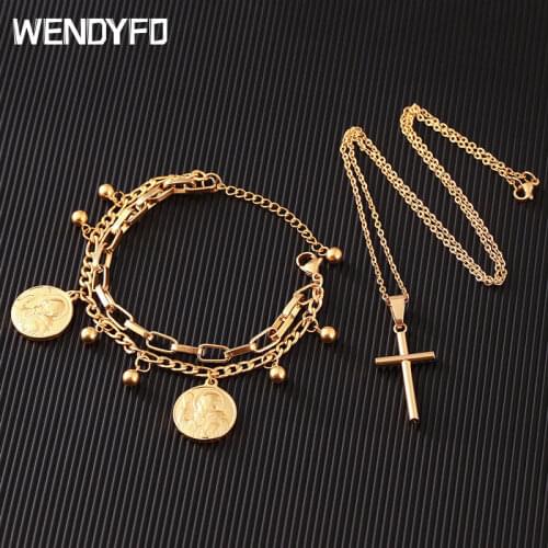 New Women Fashion Stainless Steel Cross Necklace Pendants For Female Gold Color Crucifix Necklaces Christian Jewelry Gift