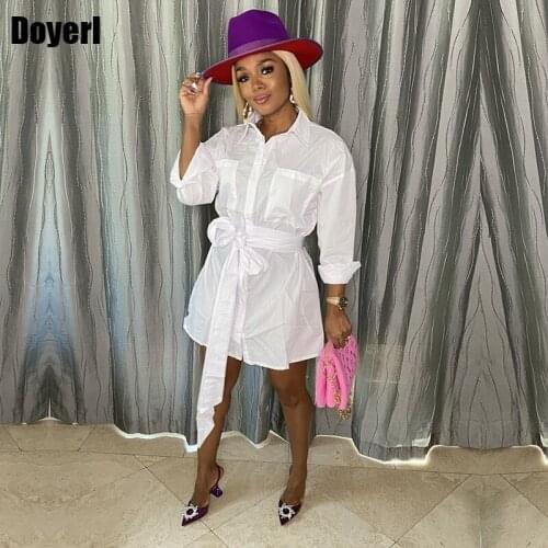 Streetwear Women Shirt Dress Long Sleeve Pocket Button Up Mini Dress Autumn A Line Office Lady Basic Casual Tunics Dress White