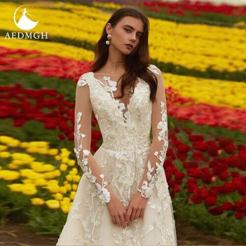 Aedmgh A-Line Romantic Wedding Dresses 2021 V-Neck Long Sleeve Vestido De Novia Appliques Beading Beach Court Train Bride Dress