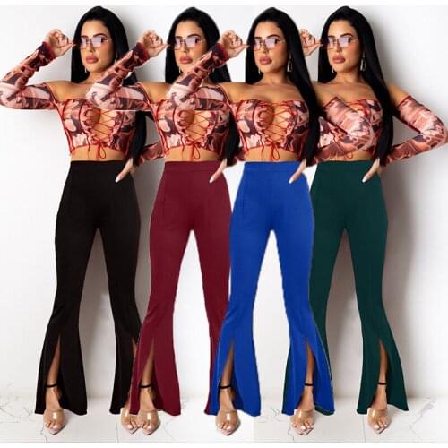 2021 Summer New Fashion Flare Pants Long Joggers Sweatpants Slit Hem Flare Trousers Solid High Waist Leggings S-XL