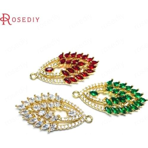 4PCS 17x33MM 24K Champagne Gold Color Brass and Zircon and Glass Feather Charms Pendants Jewelry Making Supplies Diy Findings