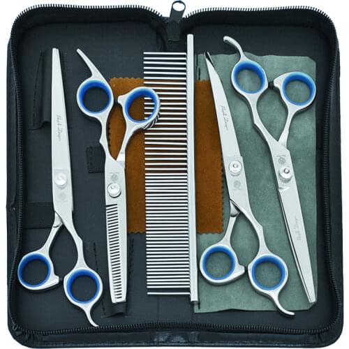 7" Professional Dog Hair Cutting Scissors Pet Curved Shears Thinning Tesoura Steel Pet Grooming Scissor Set Dog Supplies B0010A