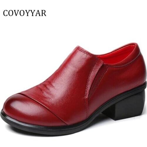 COVOYYAR 2019 Genuine Leather Women Shoes Thick Med Heels Work Dress Shoes Pumps Spring Autumn Red Boots Women Size 41 WHH551