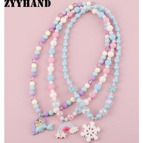 Rainbow Candy Resin Mermaid Girl Necklace Children SnowFlower Beads Sweet Acrylic Charm Kids Jewelry