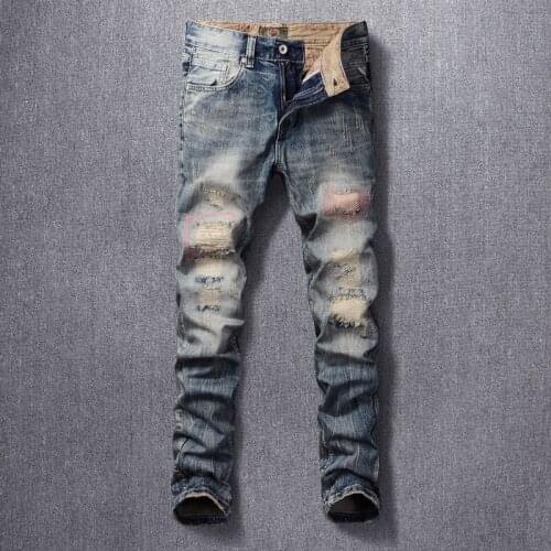 Newly Designer Fashion Men Jeans High Quality Slim Fit Retro Ripped Denim Pants Embroidery Patchwork Streetwear Hip Hop Trousers