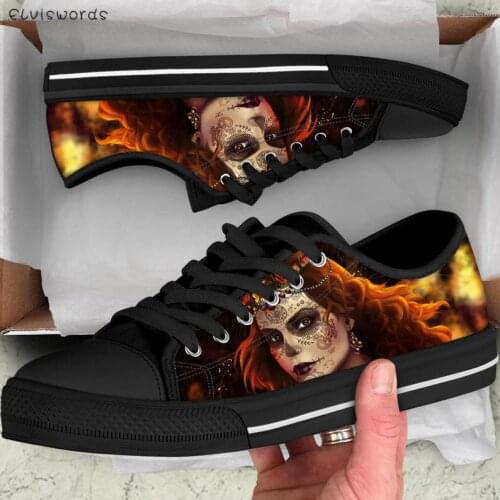 ELVISWORDS Gothic Girl Sugar Skull Day of the Dead Printed Low Top Canvas Sneakers Breathable Casual Lace Up Shoes Lady Footwear
