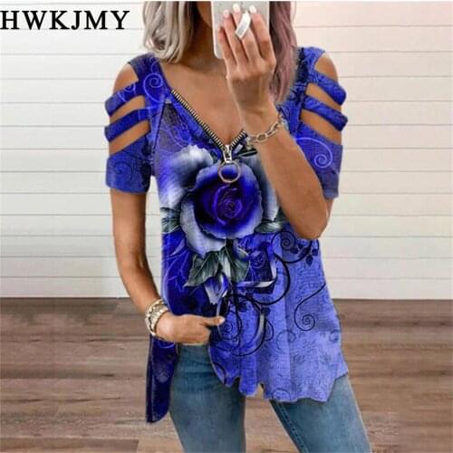 Summer Womens Clothing Casual V-neck Off Shoulder Short Sleeved Tops Zipper Tee Ladies Printing Shirts Loose Cotton T-shirt