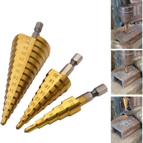 3pcs Hss step drill bit set cone hole cutter Taper metric 4-12/20/32mm 1/4 " titanium coated metal hex core drill bits