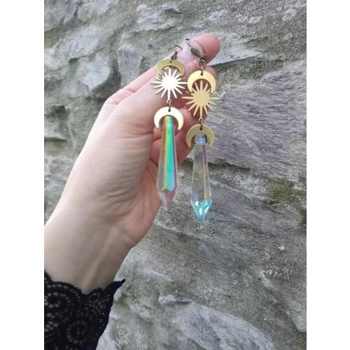 Celestial Long Earrings, Ab Crystal Earrings, Crescent Moon Earrings, Sun and Moon Earrings Raw and Antique gold Earrings