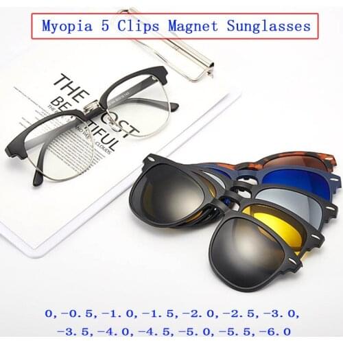 TR90 Frame 5Clips Magnet Myopia Sunglasses Set Men Women Shades Sun Nearisghted Glasses Polarized/Flash Mirror/Night Vision Lens