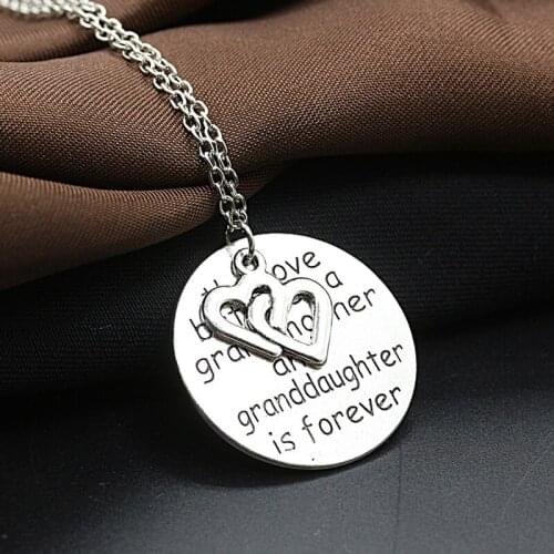 Round Metal Sheet with Words Love of Grandmother & Granddaughter Double Hearts Silver Plated Necklace & Pendant