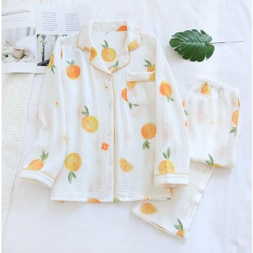 Spring / Autumn Long-sleeved 100% Cotton Gauze Crepe Pajamas for Women Thin Loose Comfortable Soft Two Piece Set Home Clothes