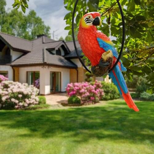 Perching on Ring Parrot Statue Garden Yard Hanging Bird Sculpture Realistic Wall Mounted Resin Animal Sculpture For Garden Decor