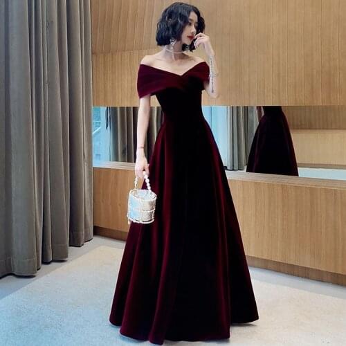 2021 Retro Velvet Slash Neck Burgundy Party Dresses Black Oversized Elegant A-Line Long Short Sleeve Gowns Christmas Dresses Red