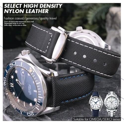 20mm 22mm Nylon Leather Watch Strap Black General Watch Band for Omega Seamster 300 Seiko Hamilton Certina Citizen Bracelet