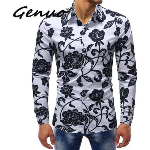 Spring Floral Print Men Shirts Long Sleeve Casual Black Retro Rose Printed Slim Dress Shirts Camisa Masculina Chemise Homme 5XL