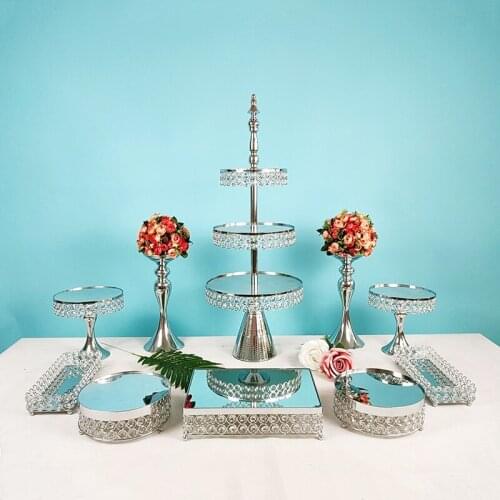 Silver Crystal Metal mirror Cupcake stand decorations Dessert Pedestal Party Display cake tray