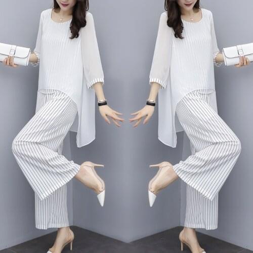 Chiffon Pantsuits Women Pant Suits For Mother of the Bride Outfit 2021 Formal Wedding Guest Striped Wide Leg Loose 3 Piece Sets