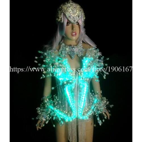 LED Luminous Light Emitting Sexy Women Suit Clothes With Headwear Led Crystal Nightclub Stage Show Performance DS Costume