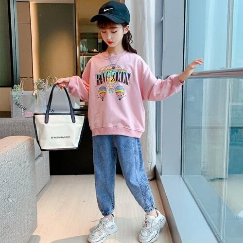 Childrens Clothes Autumn Sets For Girls 8 10 12 Years Cartoon Sweatshirt Pink Sweater Soft Jeans Pants Suits Casual Kids Outfit