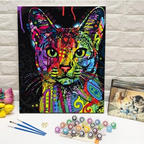Framed Colorful Cat Oil Painting by Number Hand Painted Canvas Wall Art Picture For Living Room Decoration Wall Art 40x50cm