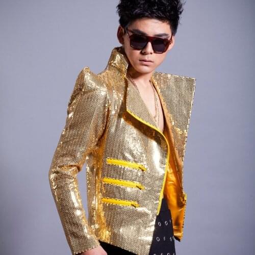 Male Performance Outerwear Male Paillette Outerwear Male Dj Slim Gold Paillette Outerwear Paillette Hip Hop Reflective Jacket