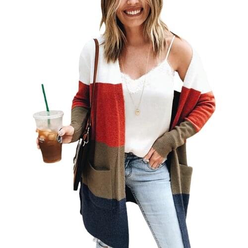 Womens Color Block Knit Cardigan, Open Front Long Sleeve Sweaters Coats with Pocket