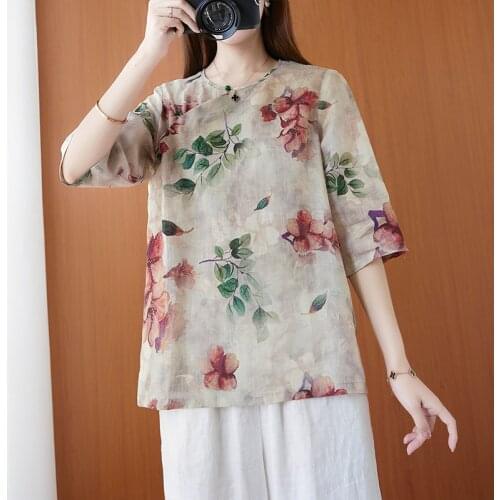 2021 chinese traditional top round neck floral printing elegant oriental vintage hanfu top classical blouse for ladies tang suit