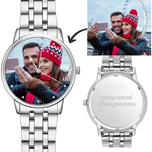 Amxiu Customized Family Lovers Picture Watches Personalized Photo Watch for Men Women Stainless Steel Quartz Watch Surprise Gift