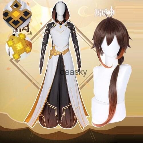 Anime Genshin Impact Liyue Harbor Zhongli Morax Game Suit Party Uniform Cosplay Costume Halloween Men wig
