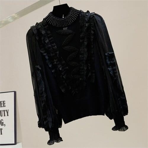 Beaded Turtleneck Sweater Women Retro Lantern Sleeve Hollow-out Micro-Transparent Long Sleeve Knit Top Slim Fit