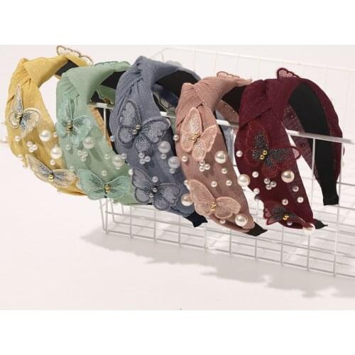 Brand Quality Headband Korea Japan Butterfly Hairbands For Women Girls Mesh Hair Band Pearl Hair Accessories Handmade Head Hoop