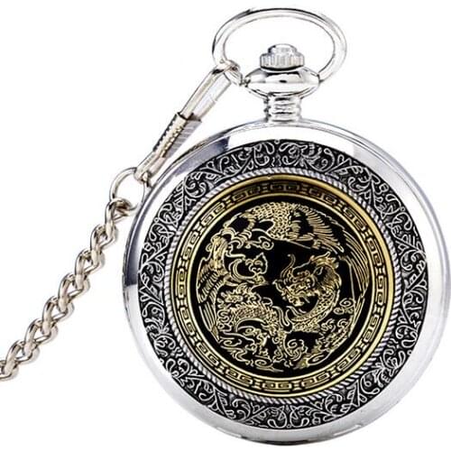 Vintage Fashion quartz Silver white steel Chinese dragon Flip clock steampunk cowboy chain pocket watch men gift