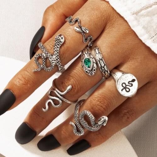 Docona 6pcs/sets Bohemia Snake Shape Knuckle Rings for Women Charming Crystal Stone Metal Ring Set Female Jewelry Anillos 18732