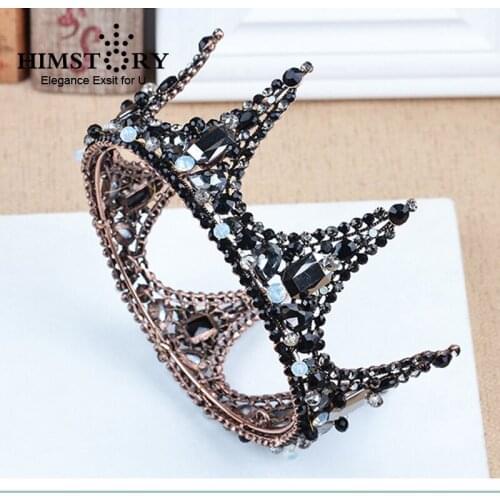 Himstory Baroque Vintage Black Rhinestone Beads Round Crown Wedding Hair Accessories Luxury Crystal Queen King Crowns