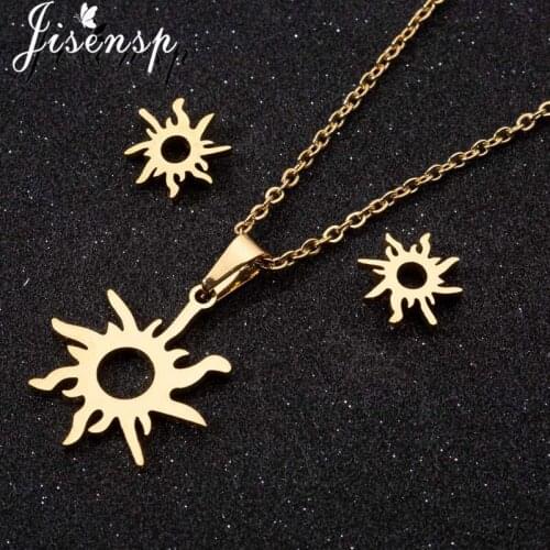 Jisensp Stainless Steel Jewelry Sets Ethnic Sun Totem Pendent Necklaces Earrings for Charm Women Birthday Party Fashion Jewelry