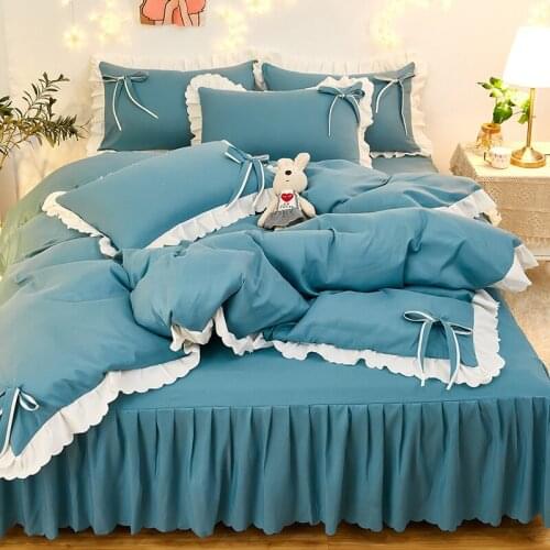 Duvet cover set Korean version pure color BOW LACE bed skirt sheet four piece set spring and autumn ground wool quilt cover