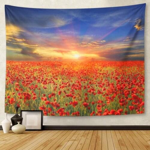 Red Dawn Landscape with Nice Sunset Over Poppy Field Blue Floral Outside Tapestry Wall Hanging for Living Room Bedroom Dorm