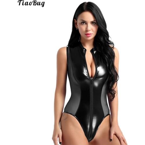 TiaoBug Summer Women Shiny Patent Leather And Sheer Mesh Splice Zipper Open Crotch High Cut Swimming Bodysuit Thong Swimsuit