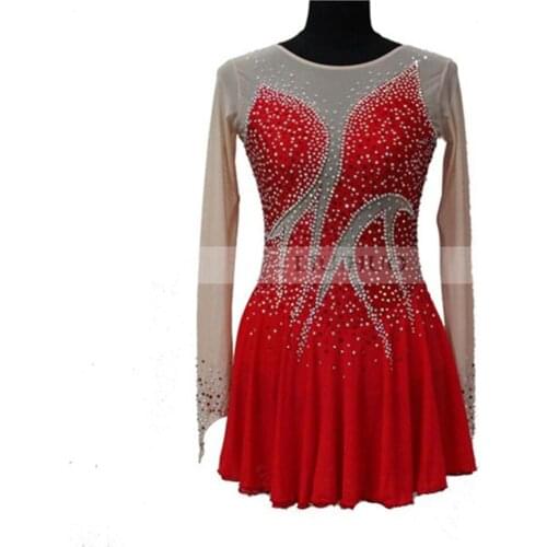 Figure Skating Dress Womens Girls' Ice Skating Dress Big red long sleeved style Exquisite workmanship Pure manual water drill