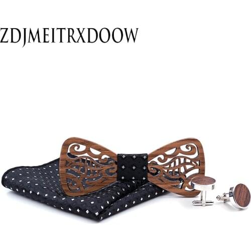 Wood Tie Set Men Bow Tie and Pocket Square Bowtie Necktie Cravate Handkerchief Cufflinks Papillon Man Corbatas Hombre Pajarita