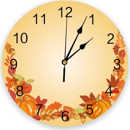 Autumn Pumpkin Yellow Leaves Print Wall Clock Wall Art Silent Non ticking Round Wall Watch for Home Decortaion Best Gift