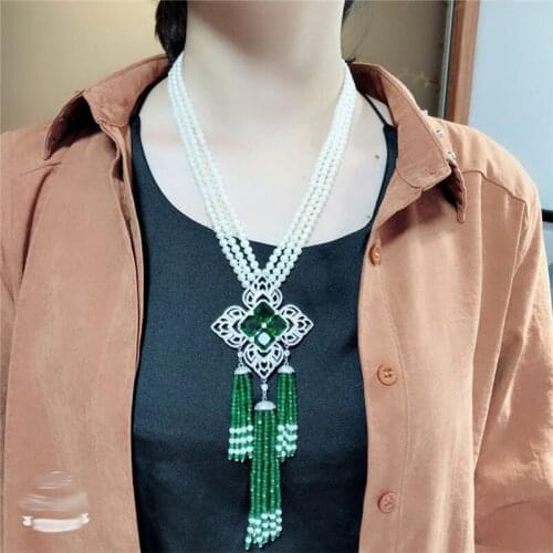 New 7-8mm white freshwater pearl 4mm green jade micro inlay zircon tassel flower accessories necklace long 17-19inch